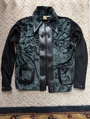 Rare Vintage 60-70s Black Leather Crushed Velvet Knit Shirt Butterfly Collar